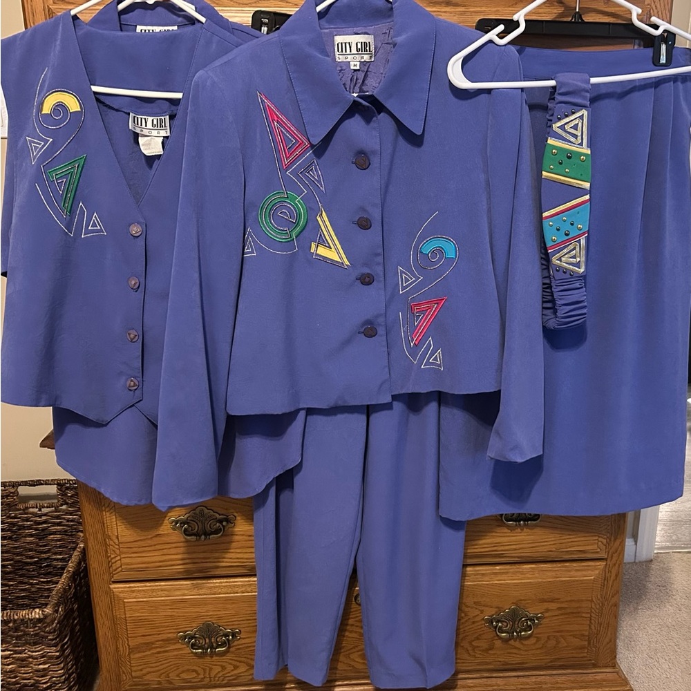 City Girl Vibrant Purple Blazer, Vest, Blouse, Pant, and Skirt set w/ belt - Picture 10 of 12